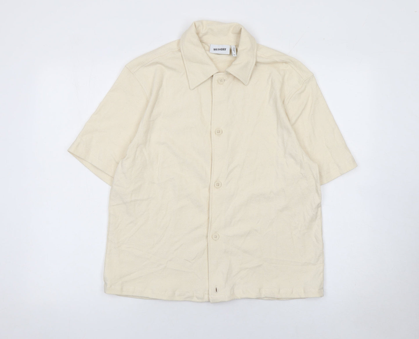 Weekday Women Beige Cotton Short Sleeve Button-Up Shirt XS
