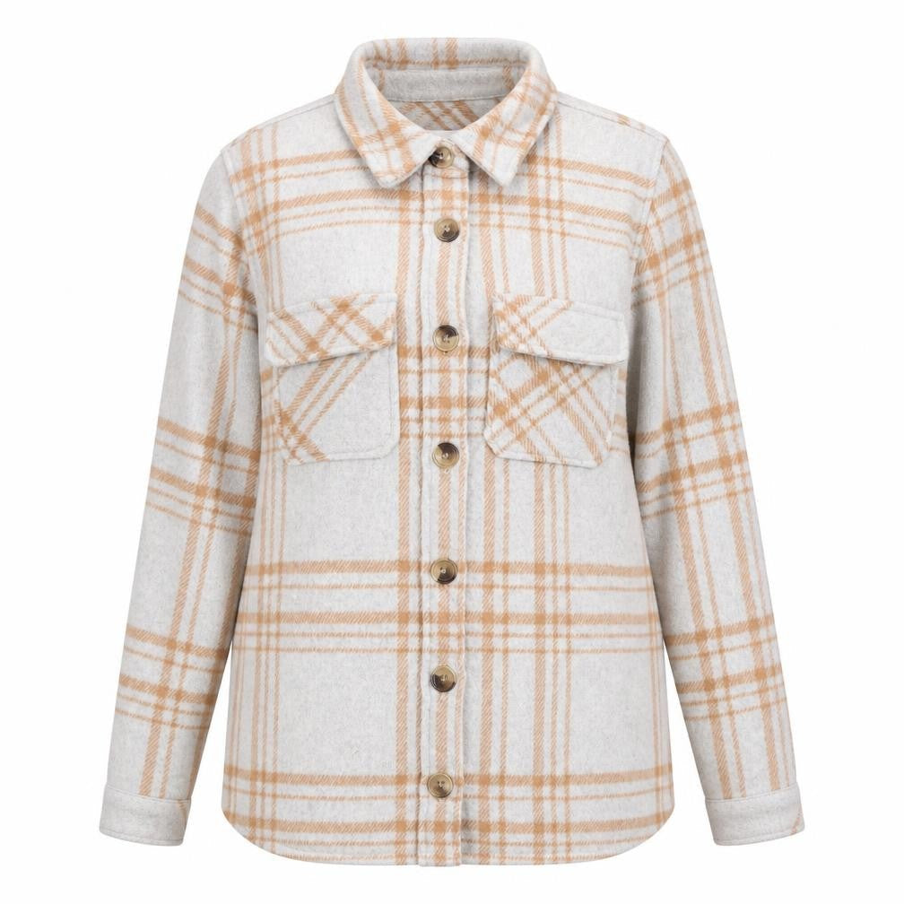 Object Women Beige Check Wool Blend Shirt Jacket Size 6