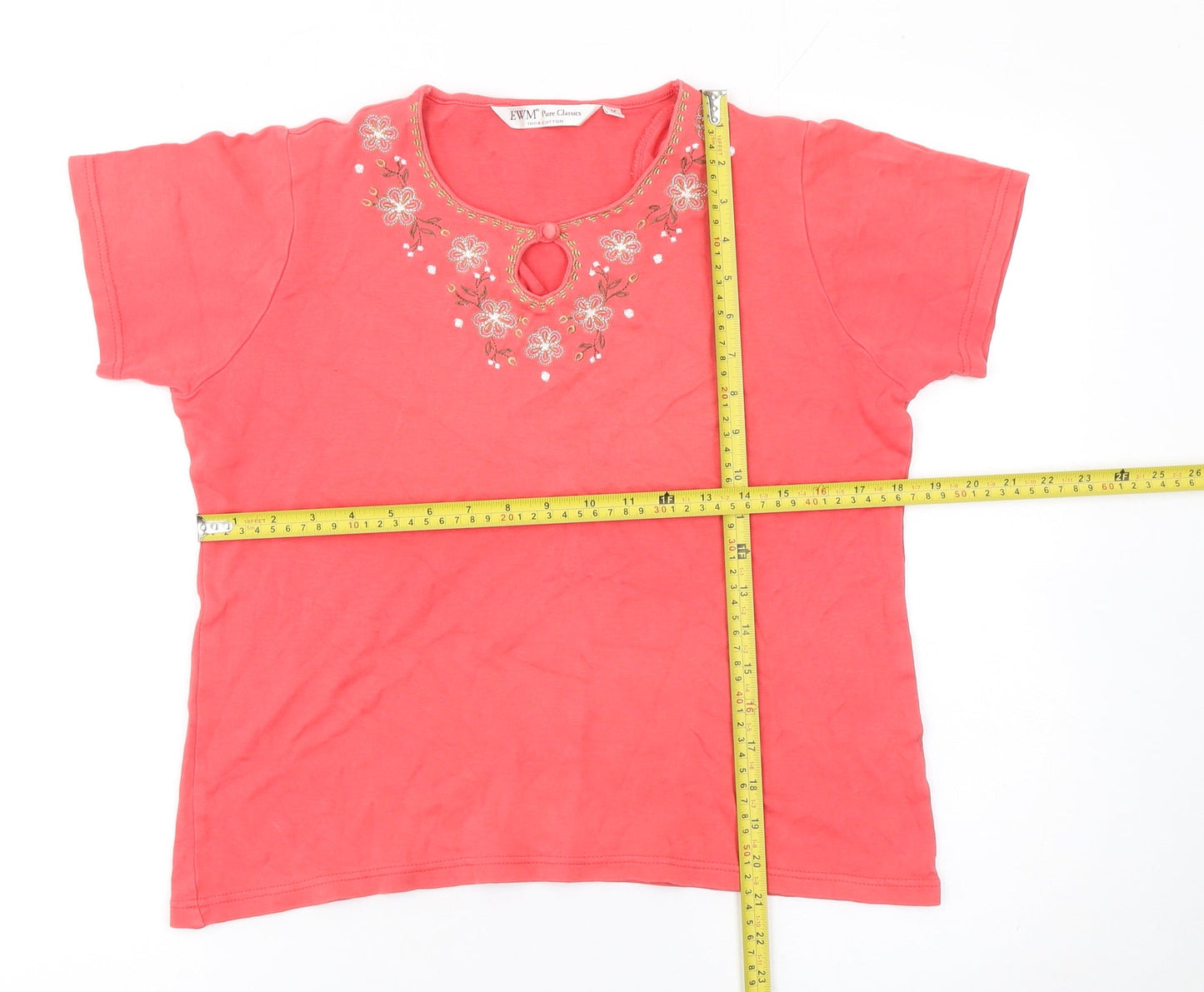 EWM Women Pink Embroidered Floral Cotton T-Shirt Size 14-16