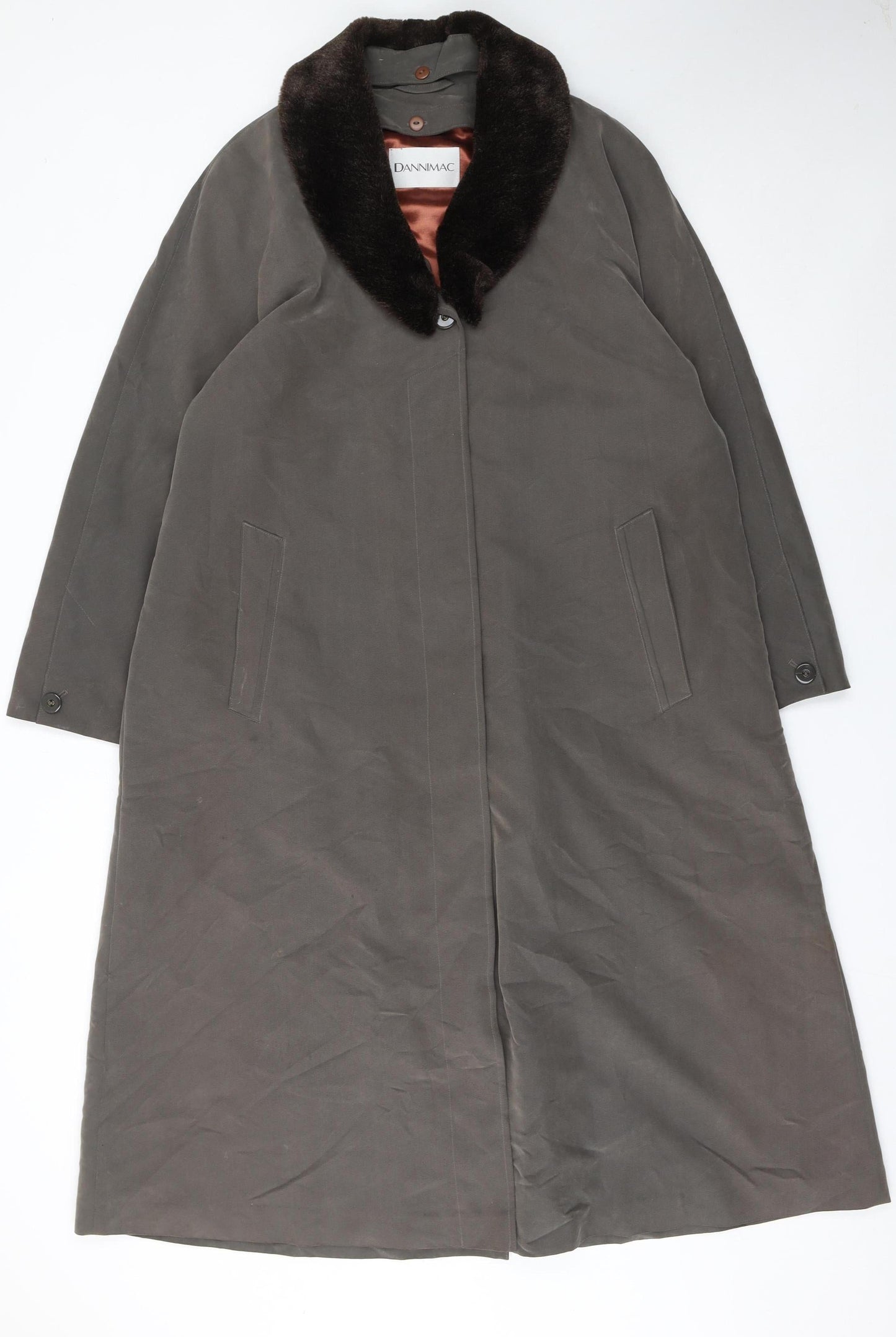 Dannimac Women's Brown Long Overcoat with Faux Fur Collar Size M