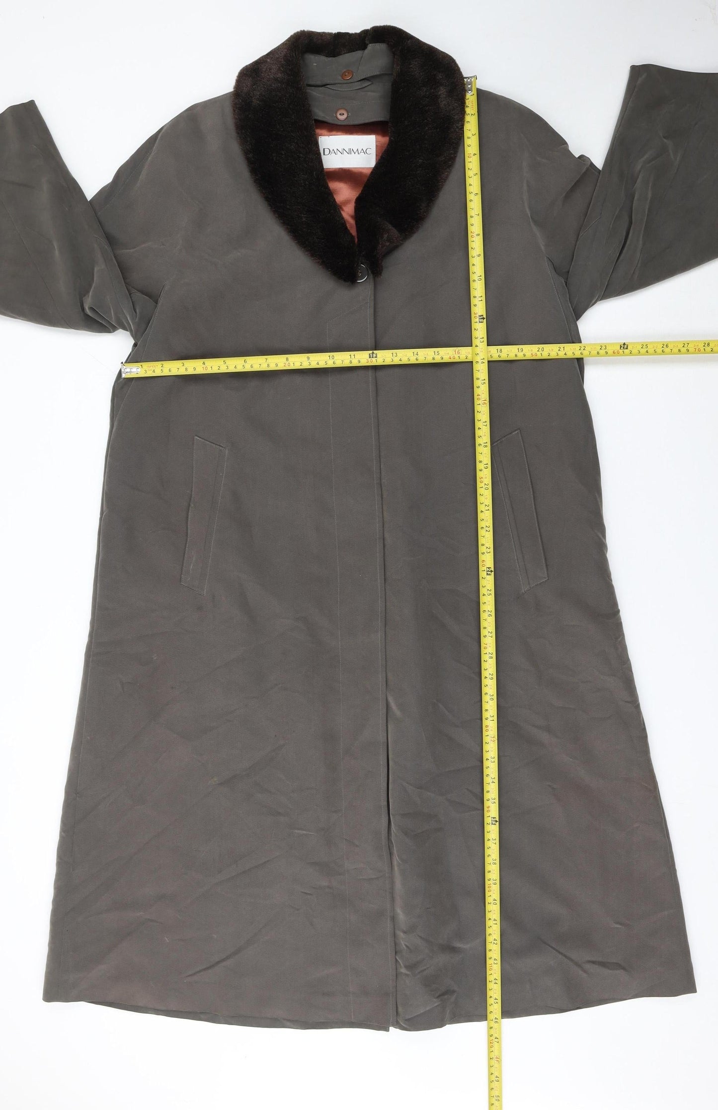 Dannimac Women's Brown Long Overcoat with Faux Fur Collar Size M
