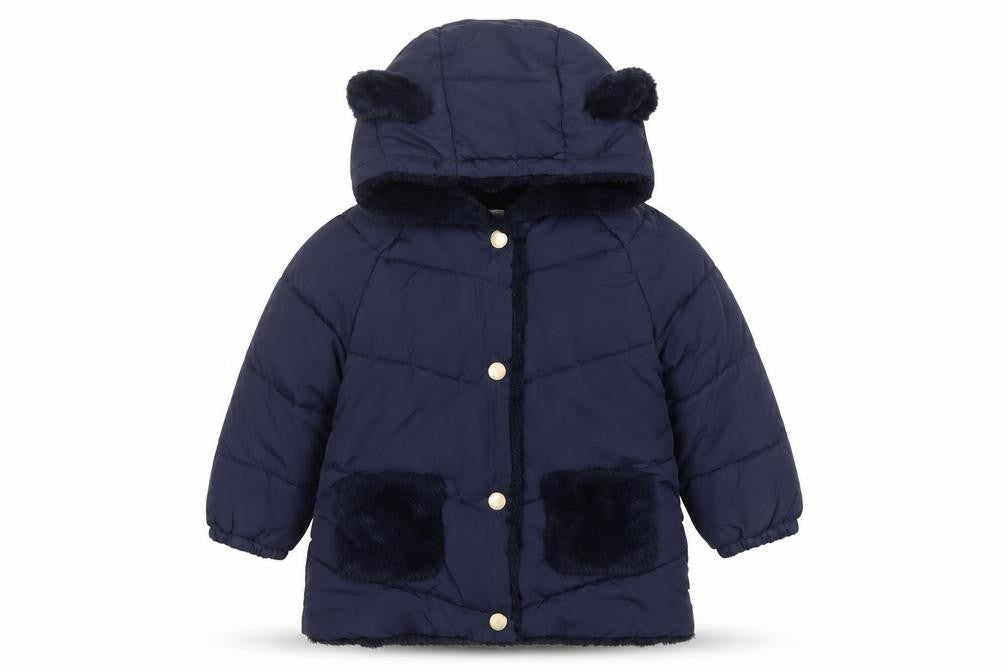 Front view of Mango girls’ blue hooded faux fur trim puffer jacket 3 years
