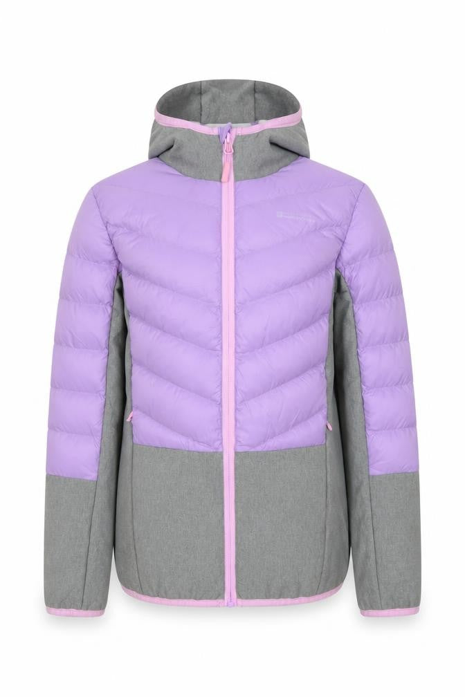 Front view of Mountain Warehouse girls’ purple puffer jacket 13 years hooded water resistant coat