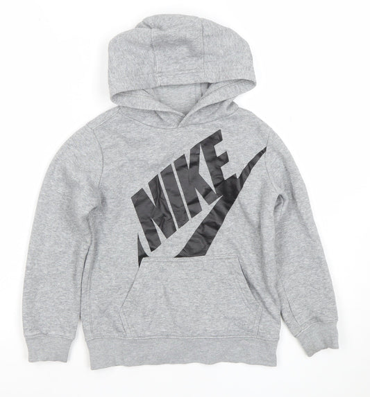 Nike Boys Grey Pullover Hoodie Size M 5-6 Years Cotton Blend Logo Print