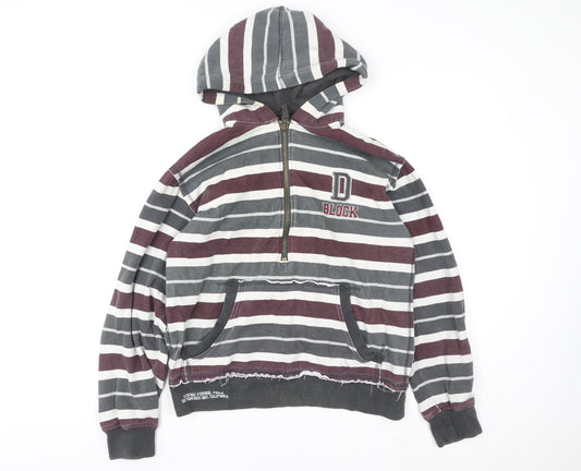 Okey-Kool Women Grey Burgundy Stripe Hoodie Size 16 Half Zip Casual