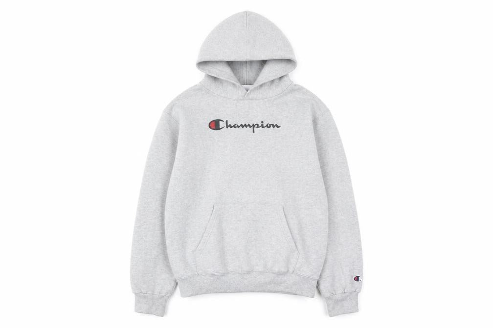 Front view of Champion girls’ grey pullover hoodie medium fleece logo sweatshirt