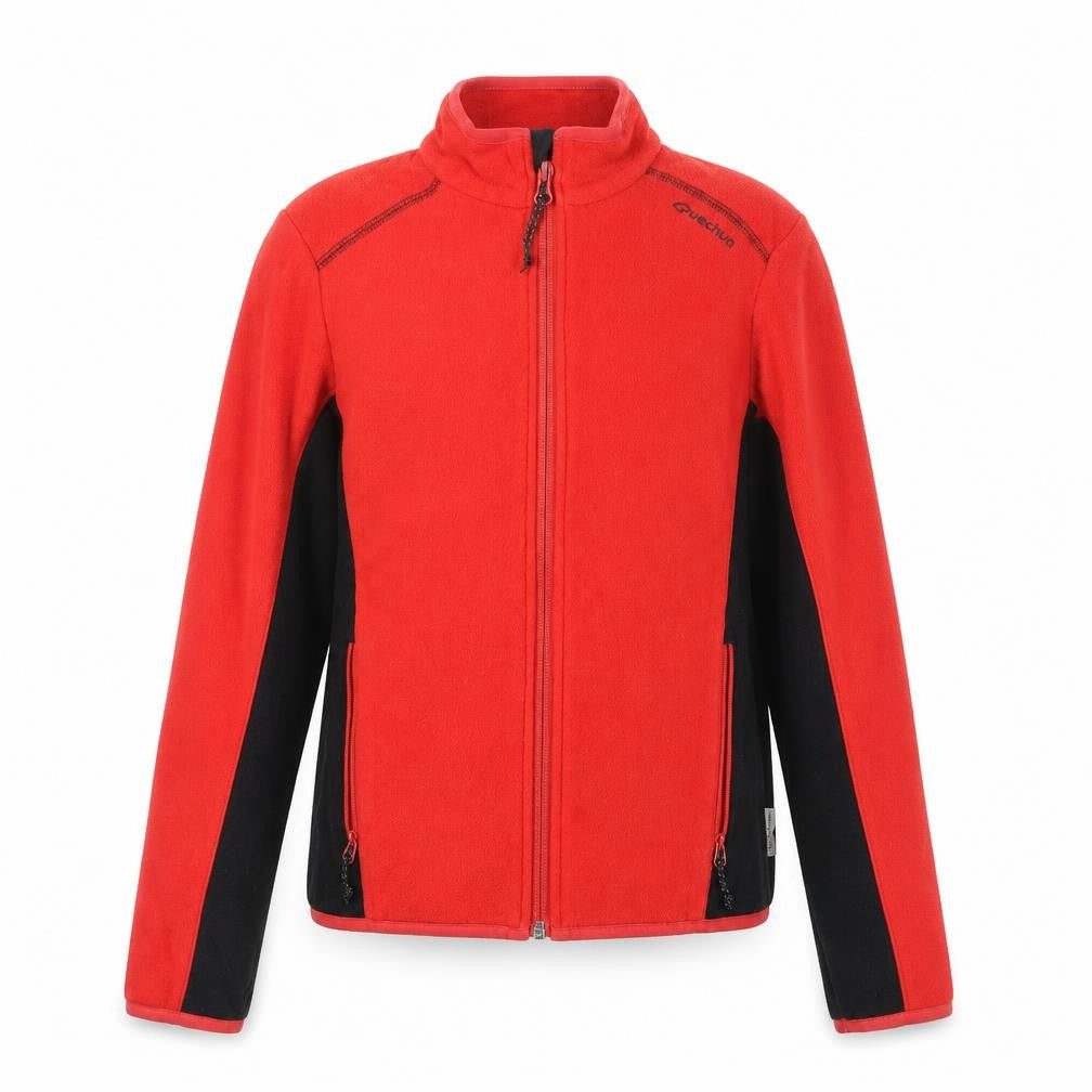 Front view of Quechua boys’ red full zip fleece sweatshirt 12 years hiking outdoor