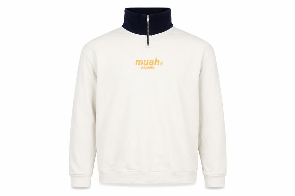 Muah Muah Unisex White 1/4 Zip Cotton Sweatshirt M
