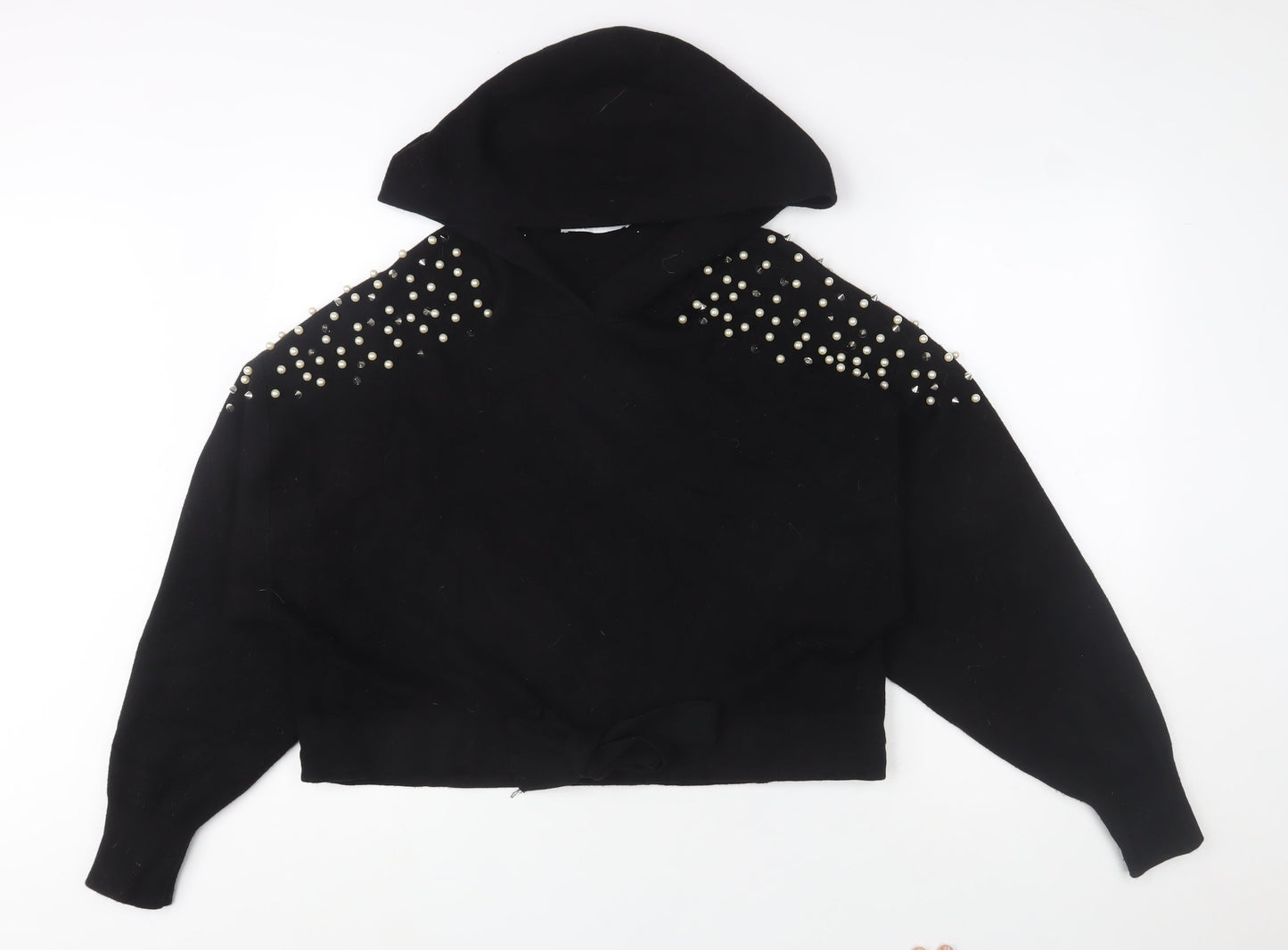 ZARA Women’s Black Beaded Hooded Pullover Jumper Size M