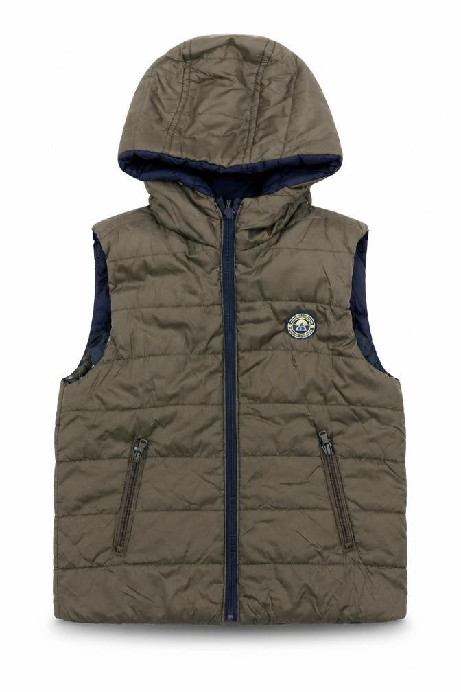 Front view of Zara boys’ green hooded quilted bodywarmer gilet 6-7 years nylon puffer