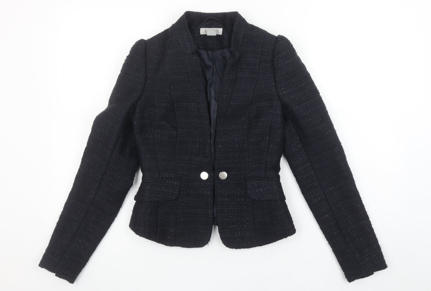 H&M Women Black Bouclé Tailored Two-Button Blazer Size 4