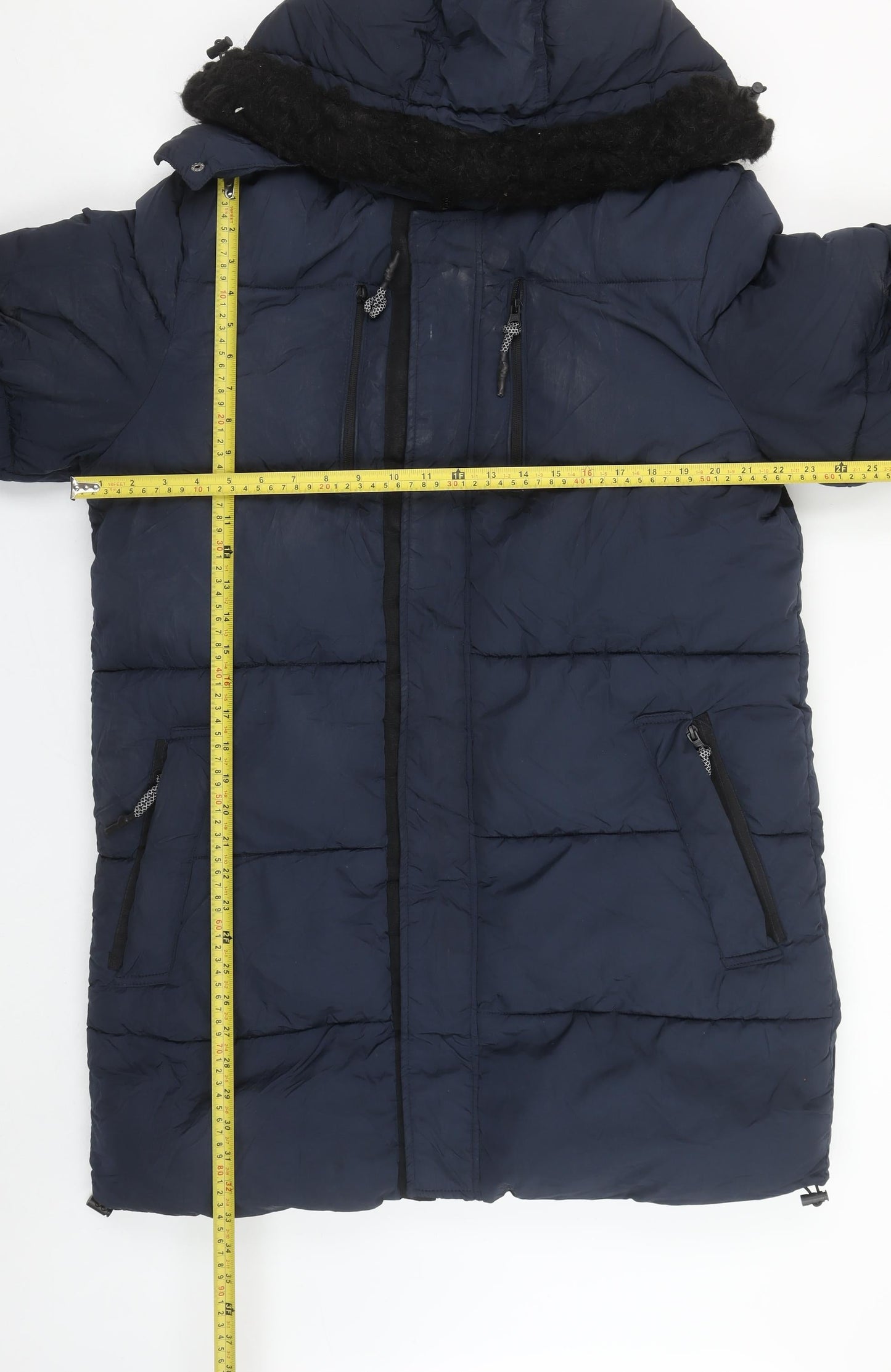 River Island Men's Blue M Long Puffer Hooded Winter Coat