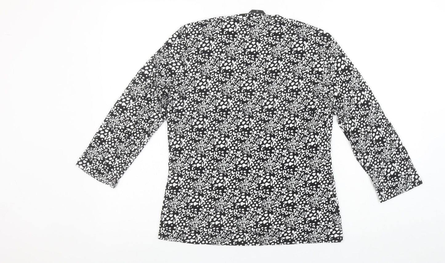 Emreco Womens Black Floral Viscose V-Neck 3/4 Sleeve Stretch Top Size 10