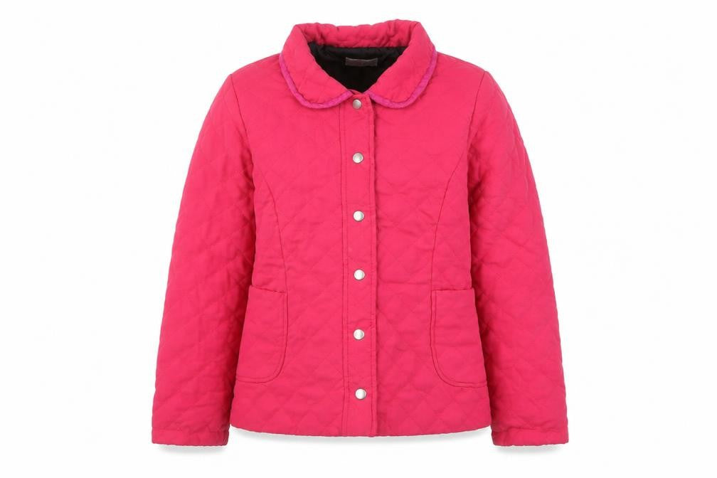 Front view of Freespirit girls’ pink quilted mid-length jacket age 11-12 years