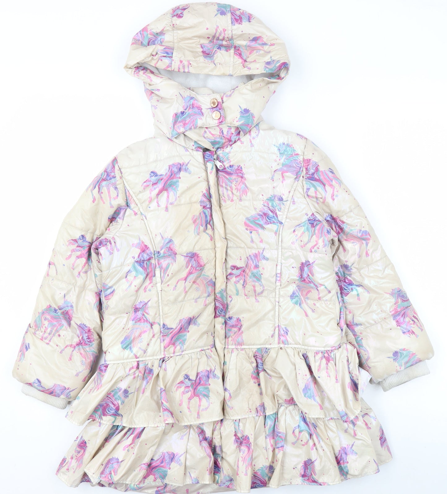 Monsoon Girls Beige Unicorn Puffer Coat 7-8 Years Hooded Winter Jacket
