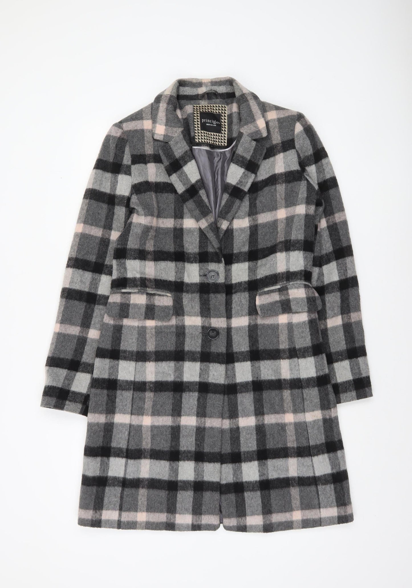 Principles by Ben de Lisi Women's Grey Checked Wool Blend Mid-Length Coat Size 10