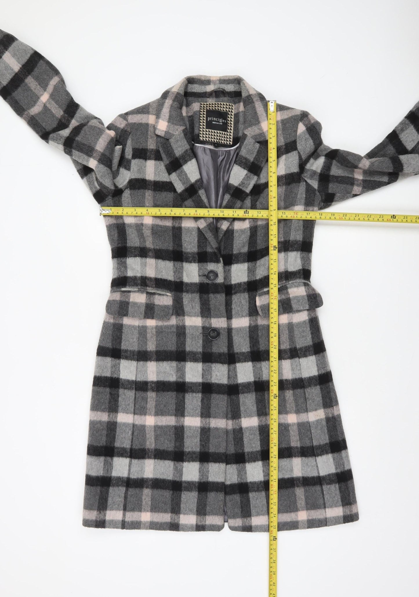 Principles by Ben de Lisi Women's Grey Checked Wool Blend Mid-Length Coat Size 10