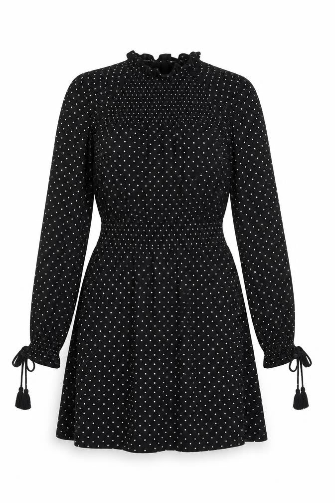 Front view of Topshop Petite Black Polka Dot A-Line Dress, size 8