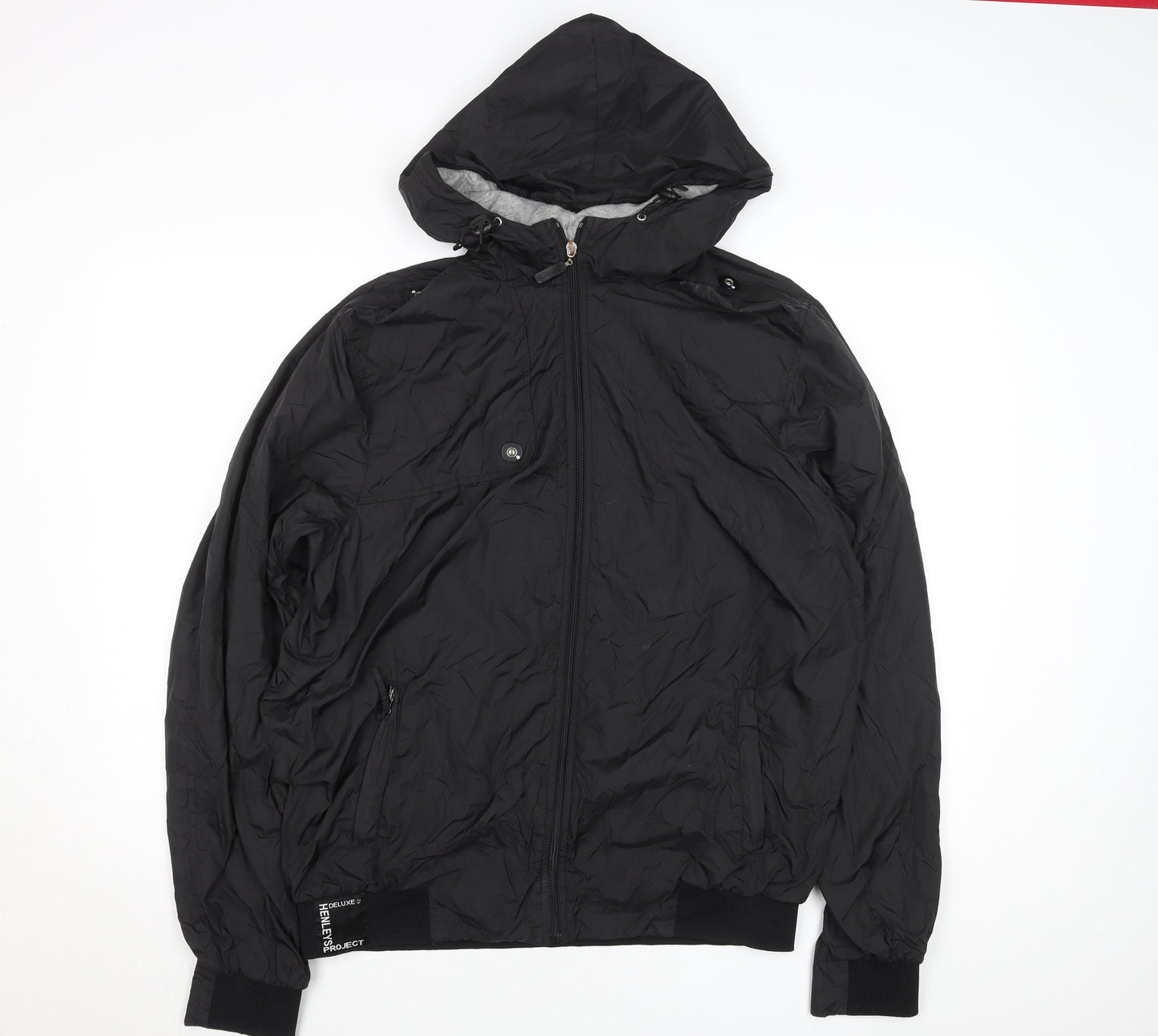 Henleys Men's Black Hooded Bomber Jacket Size L Full Zip Polyester