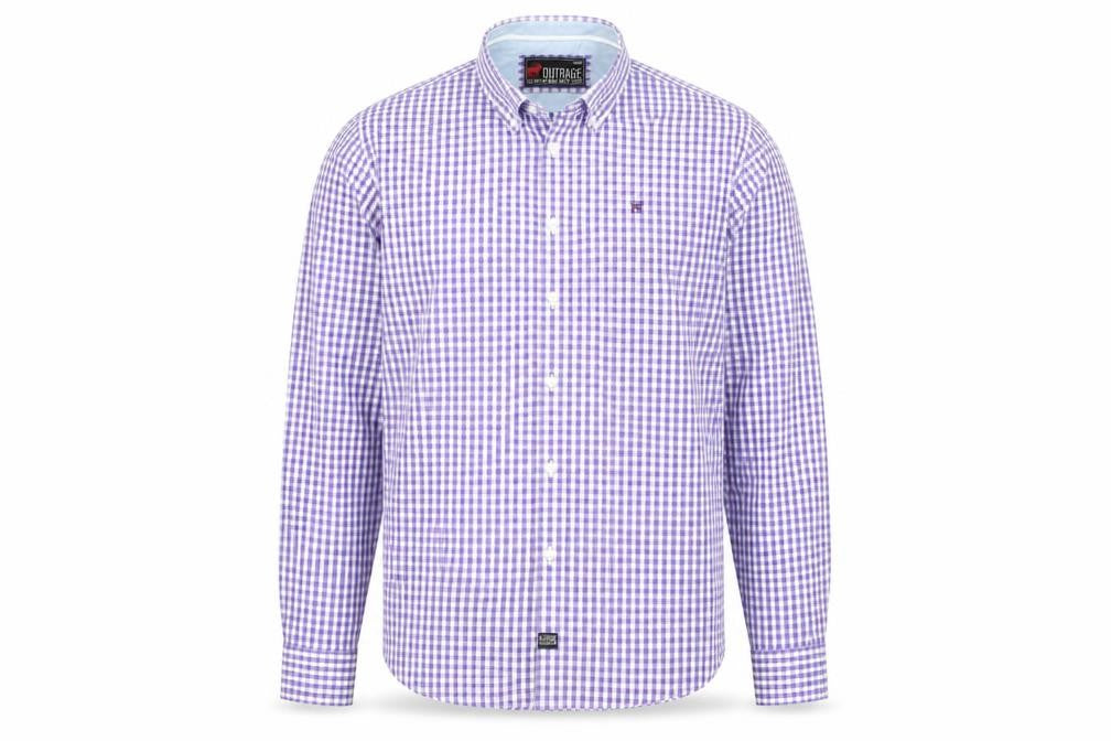 Outrage Men's Blue Check Cotton Long Sleeve Button-Up Shirt L