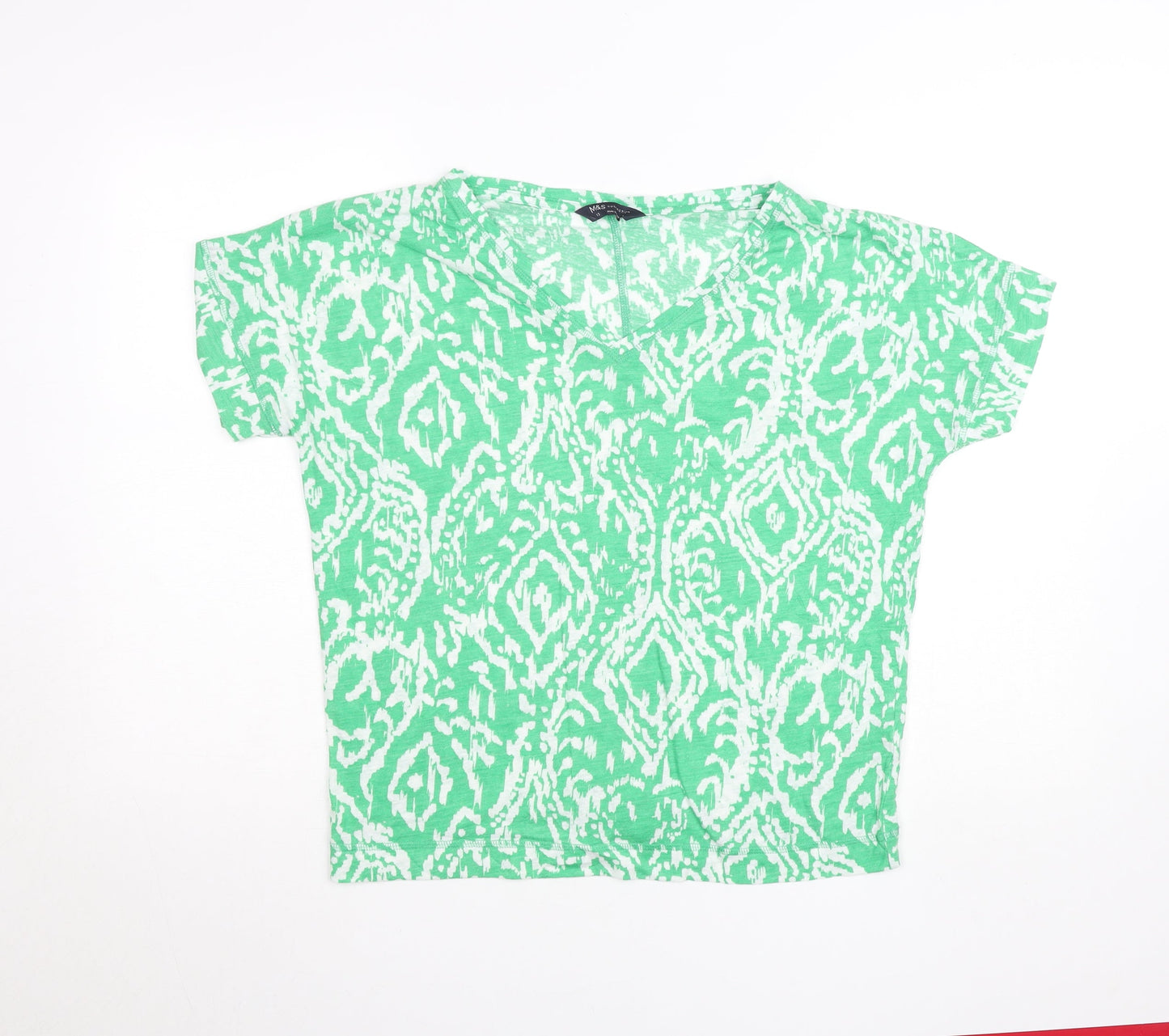 Marks and Spencer Womens Green Pattern Linen Blend V-Neck T-Shirt Size 12