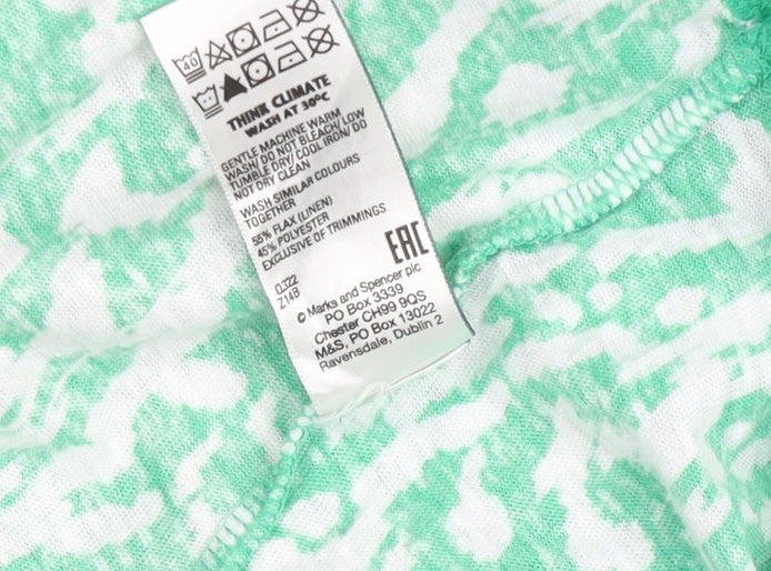 Marks and Spencer Womens Green Pattern Linen Blend V-Neck T-Shirt Size 12