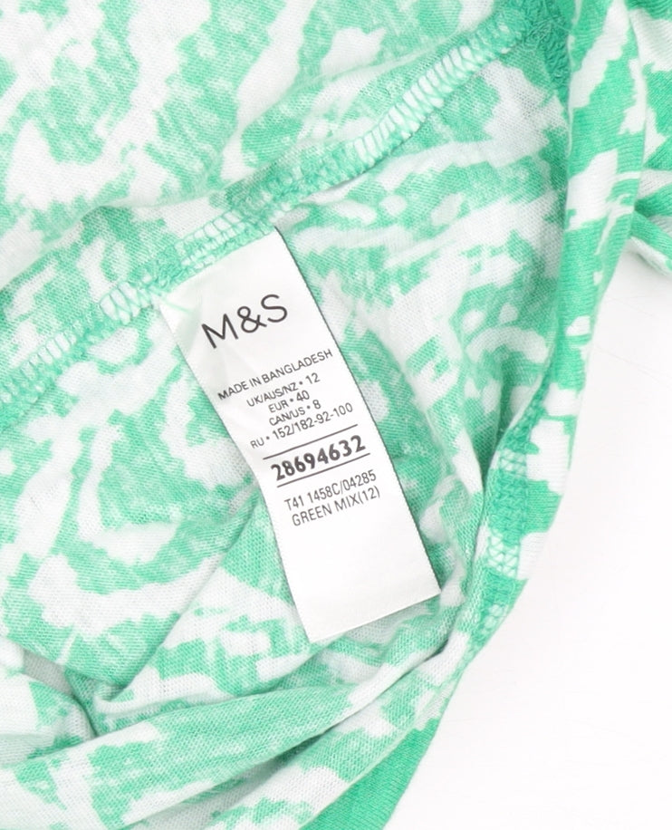 Marks and Spencer Womens Green Pattern Linen Blend V-Neck T-Shirt Size 12