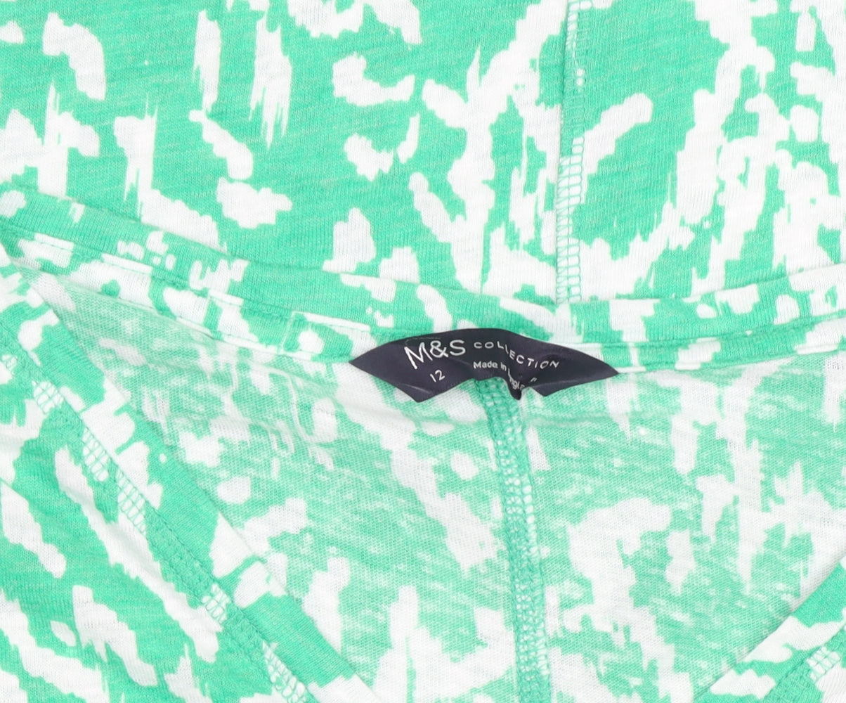 Marks and Spencer Womens Green Pattern Linen Blend V-Neck T-Shirt Size 12