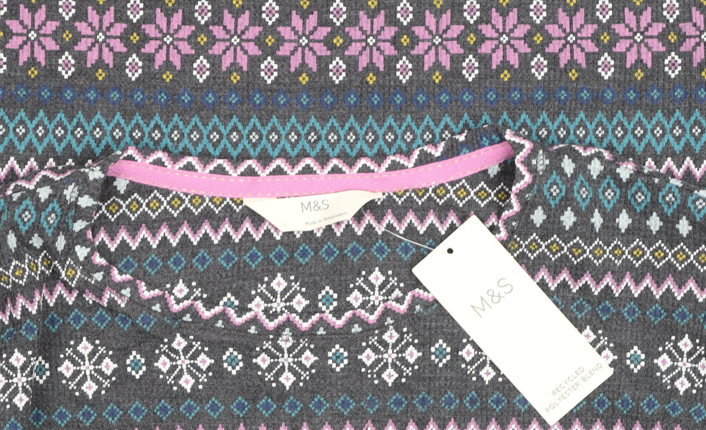 Marks and Spencer Womens Grey Fair Isle Long Sleeve Jersey Top L