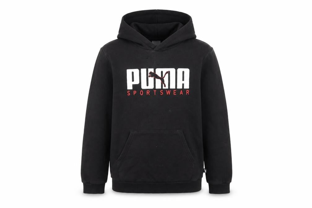 Front view of Puma boys’ black pullover hoodie 13-14 years graphic sportswear