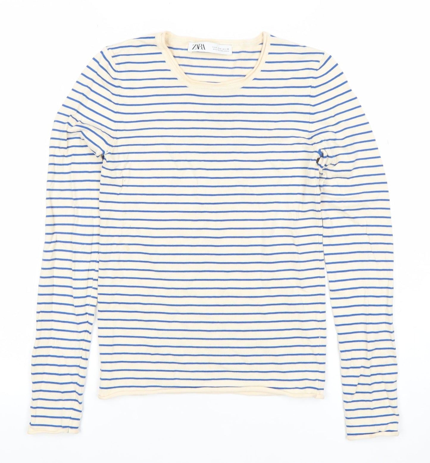 Zara Womens Beige Blue Striped Long Sleeve Cotton T-Shirt S
