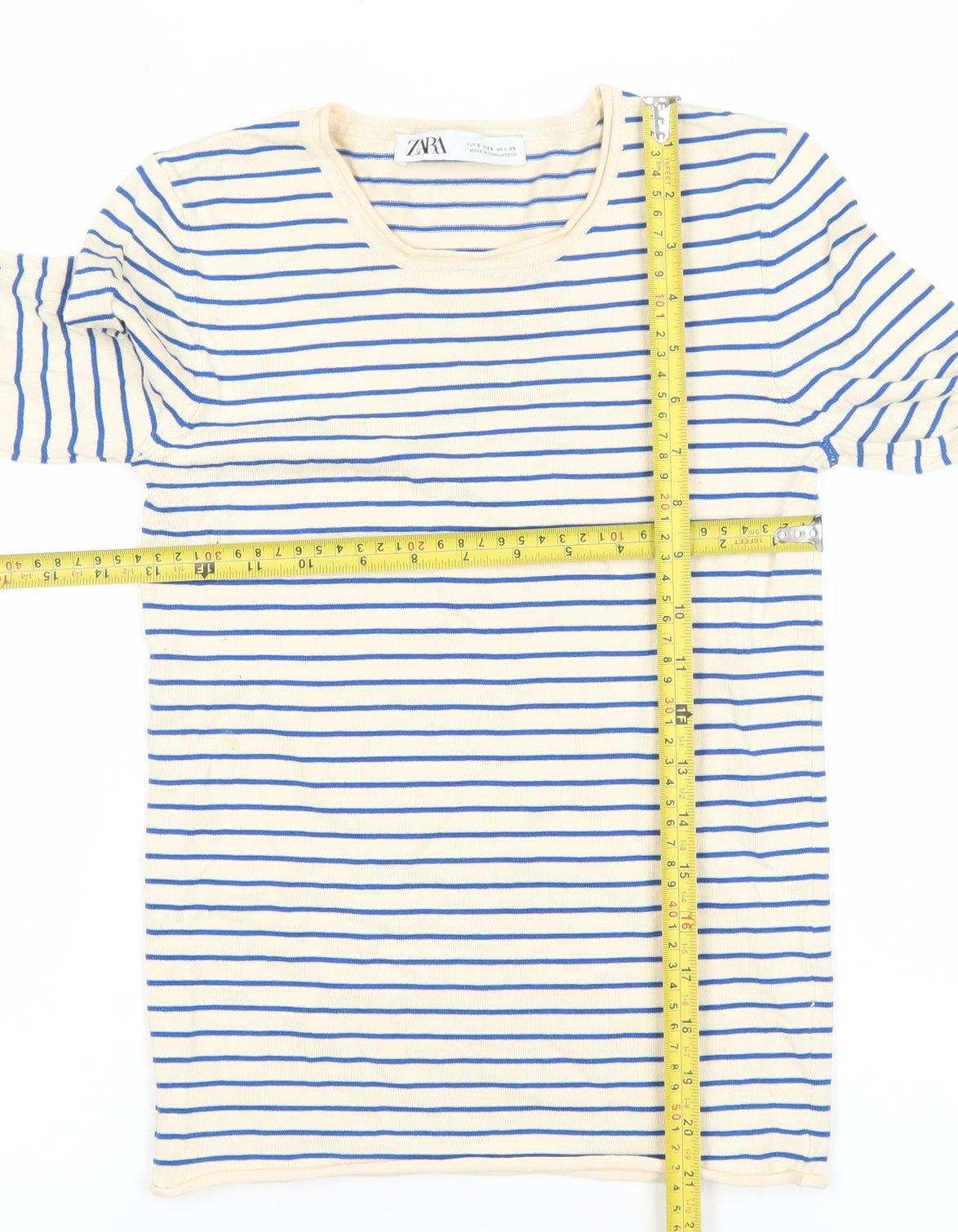 Zara Womens Beige Blue Striped Long Sleeve Cotton T-Shirt S