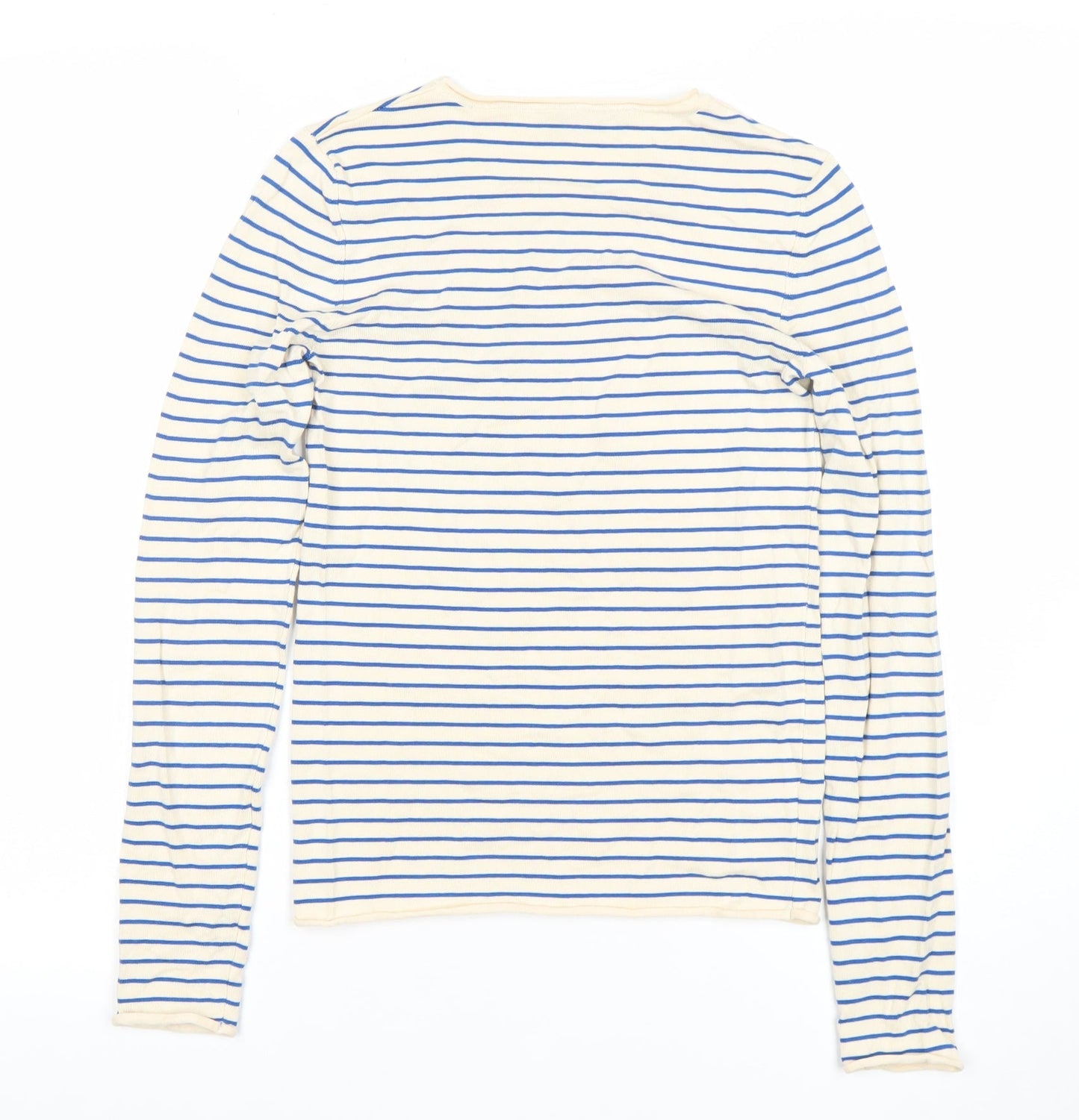 Zara Womens Beige Blue Striped Long Sleeve Cotton T-Shirt S