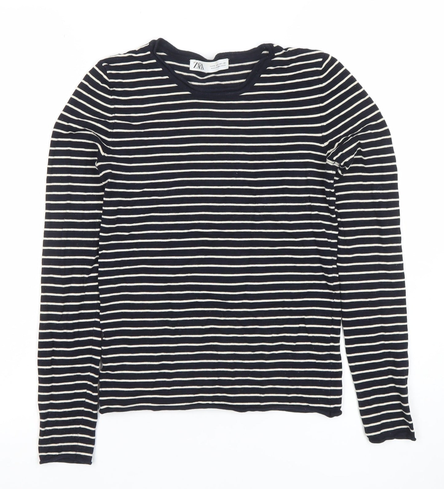 ZARA Women Black White Striped Long Sleeve Cotton T-Shirt XS
