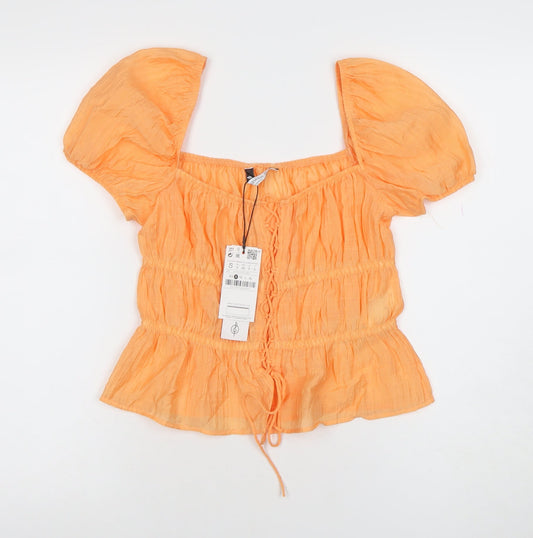 Stradivarius Women's Orange Puff Sleeve Tunic Blouse Size S