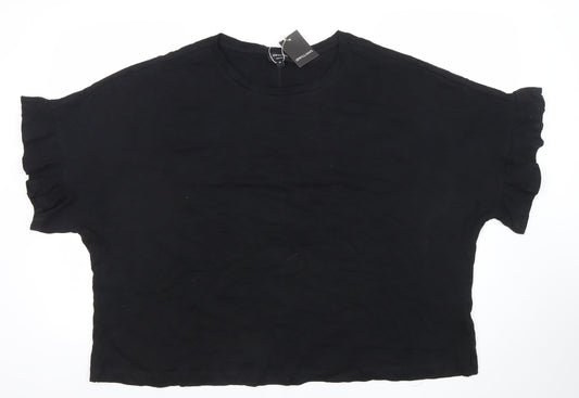 JWILLIAMS Womens Black Cotton Ruffle Sleeve Relaxed Fit T-Shirt Size 26