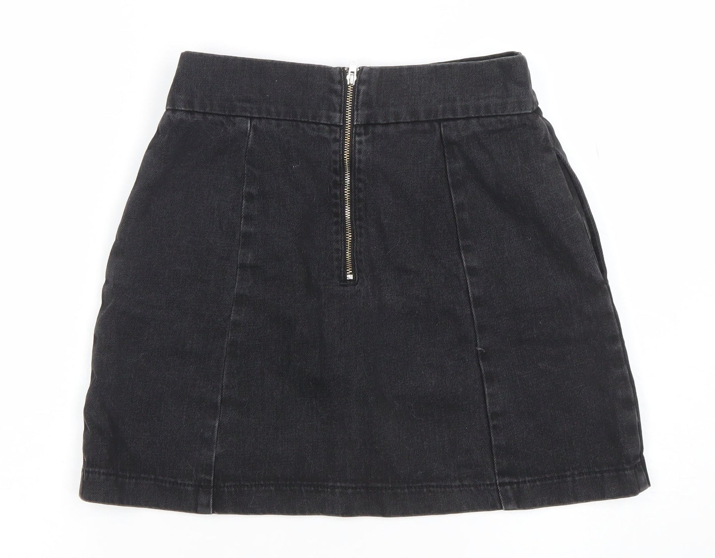 Topshop Women’s Black Denim A-Line Mini Skirt Size 8 Zip Detail