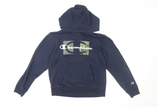 Champion Boys Navy Pullover Hoodie L Logo Print Cotton Blend Sweatshirt