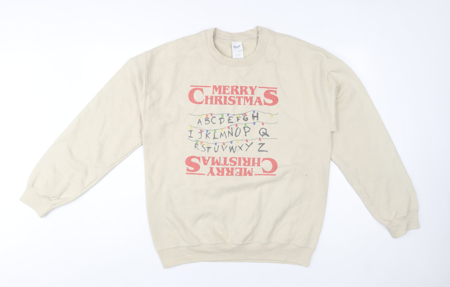 Gildan Mens Beige Merry Christmas Graphic Pullover Sweatshirt M
