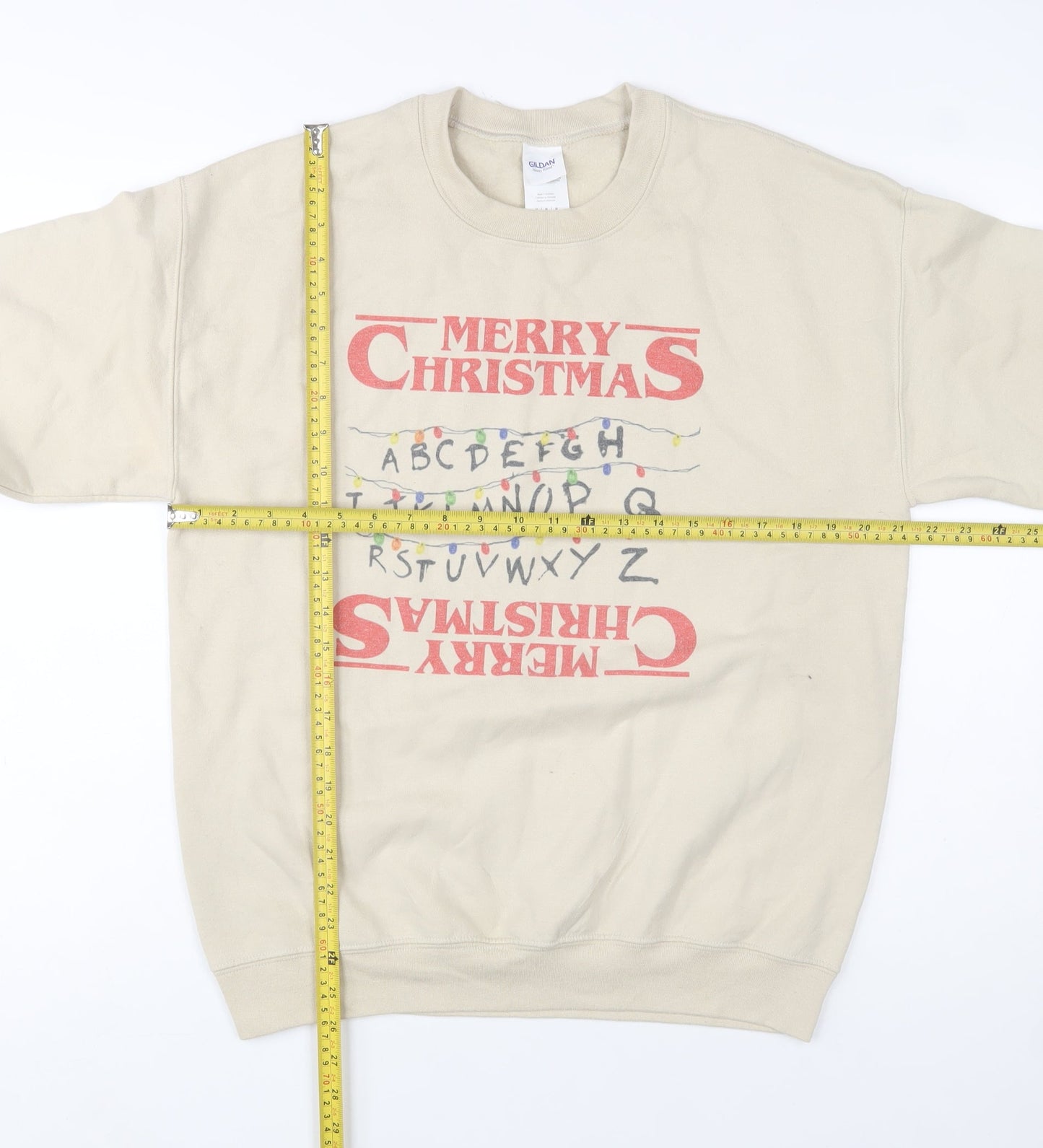 Gildan Mens Beige Merry Christmas Graphic Pullover Sweatshirt M