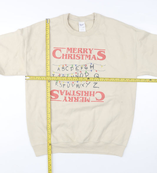 Gildan Mens Beige Merry Christmas Graphic Pullover Sweatshirt M