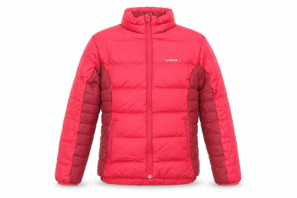 Front view of Wedze girls’ red puffer jacket 12 years down insulated winter ski coat