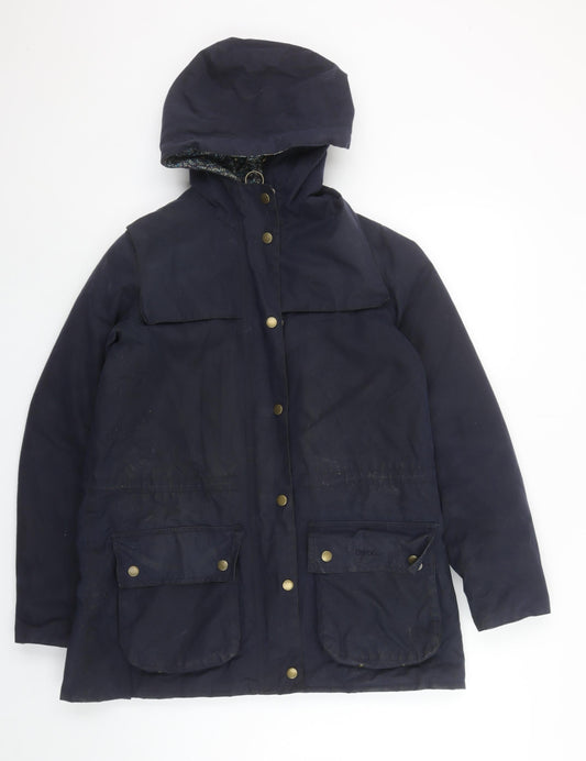 Barbour Womens Blue Wax Parka Jacket Size 8 Waterproof Lined Hooded Coat