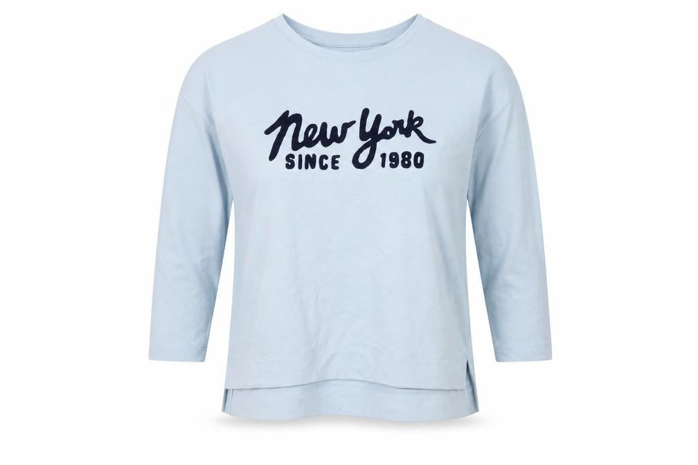 SPAO Womens Blue New York Embroidered 3/4 Sleeve Jersey T-Shirt Size S