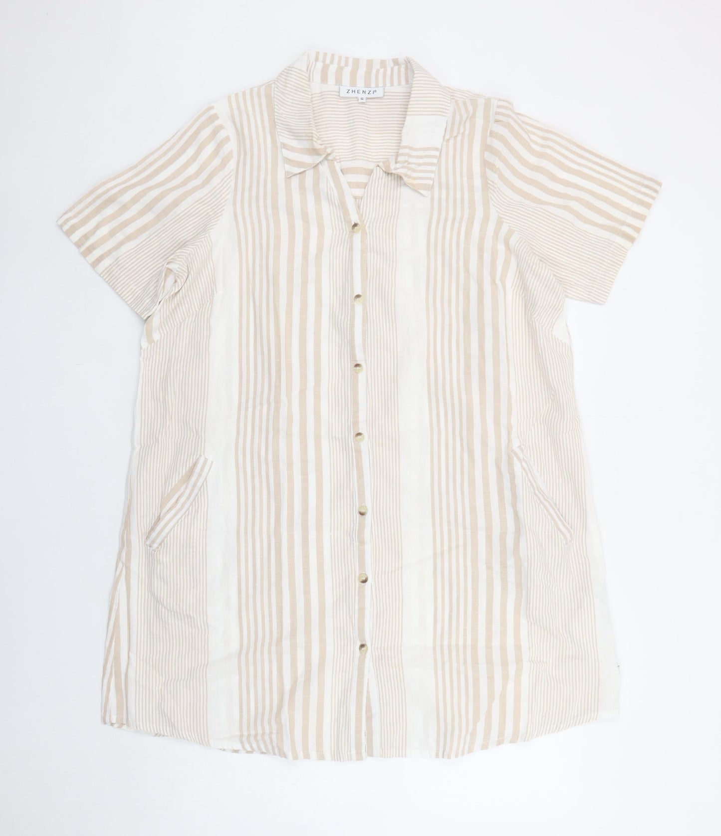 Zhenzi Women’s Beige Striped Shirt Dress Short Sleeve S Cotton Linen