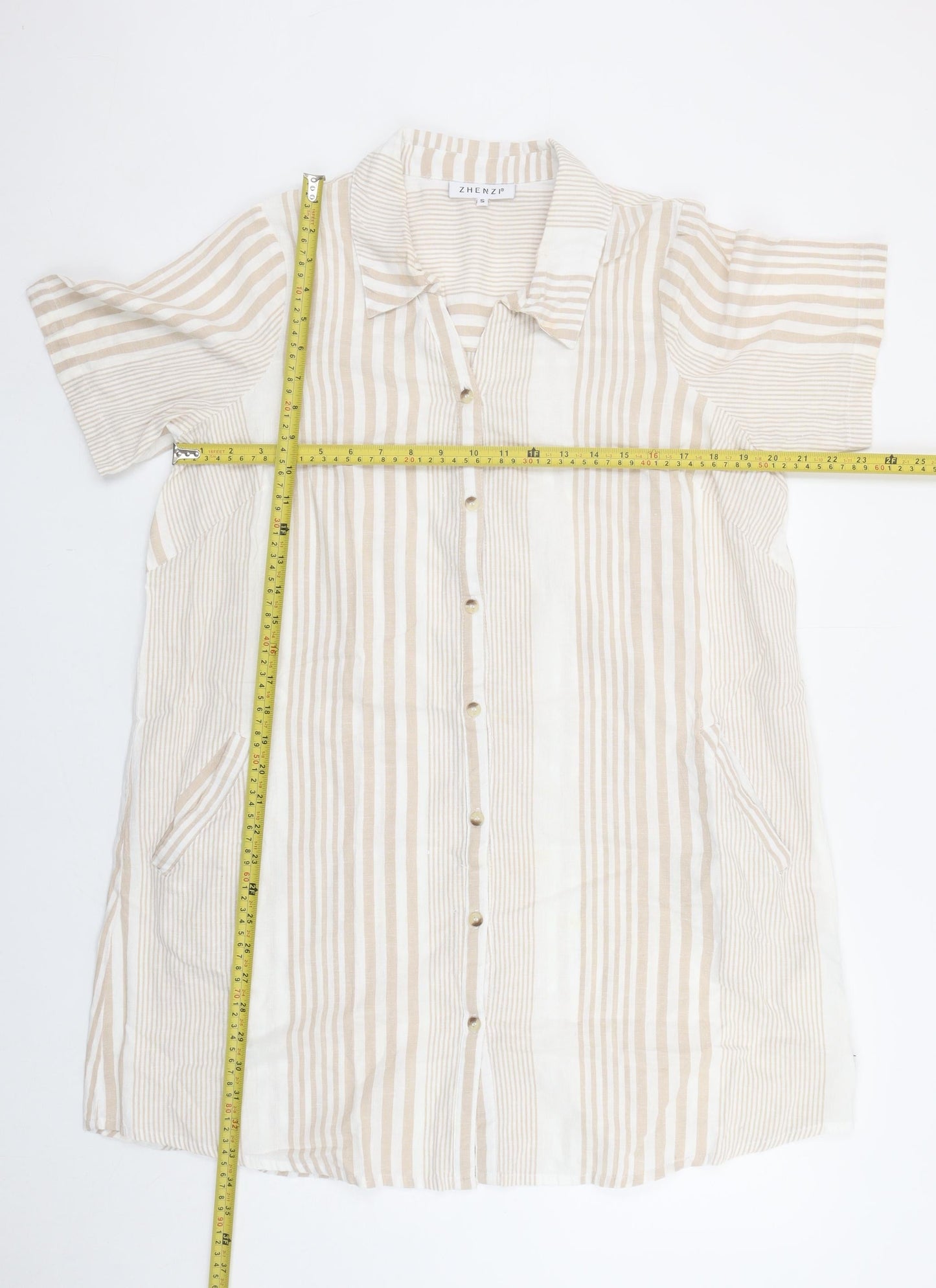 Zhenzi Women’s Beige Striped Shirt Dress Short Sleeve S Cotton Linen