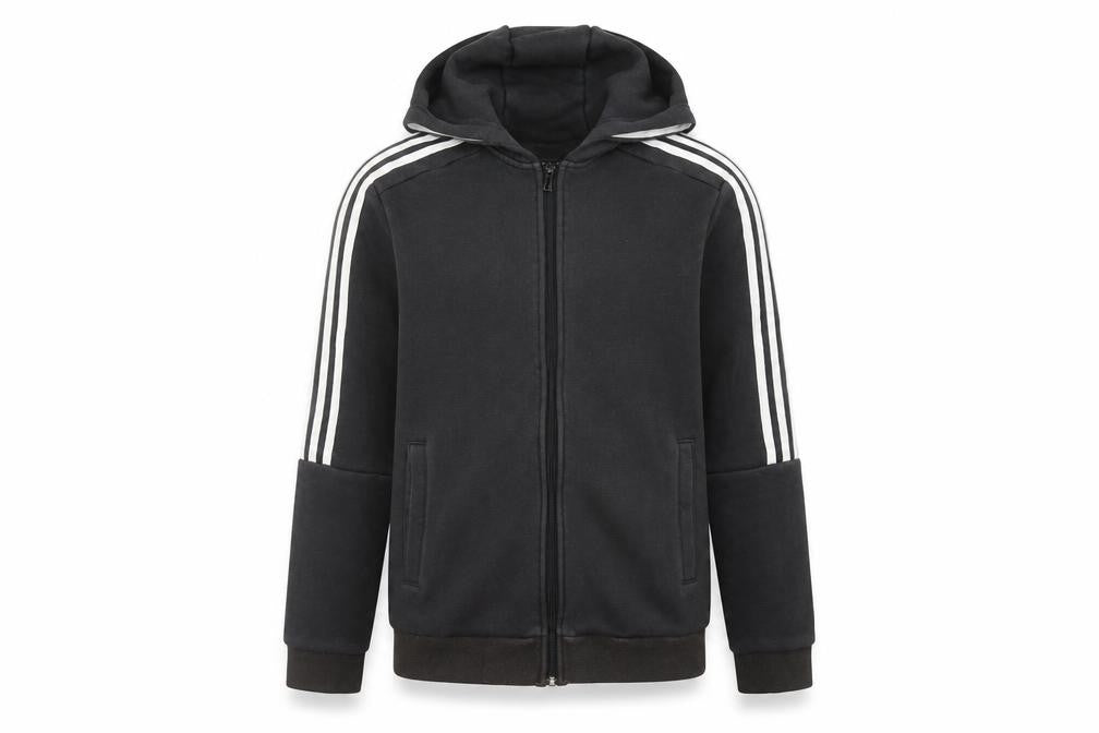 Front view of Adidas boys’ black full zip hoodie, size 13-14y cotton blend sportswear