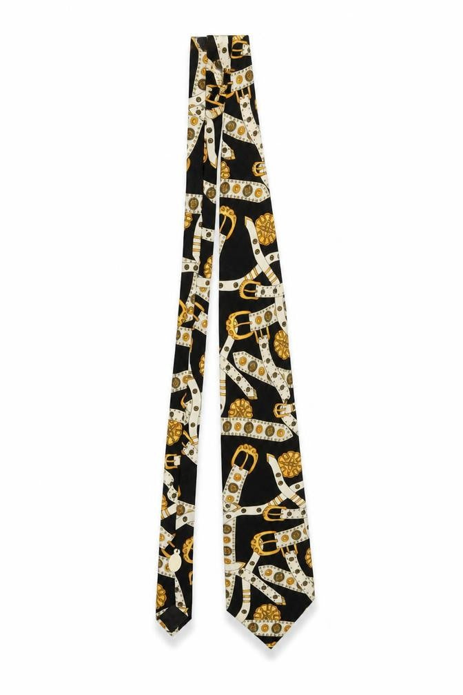 La Valière Paris Men's Black Gold Patterned Silk Tie 176cm