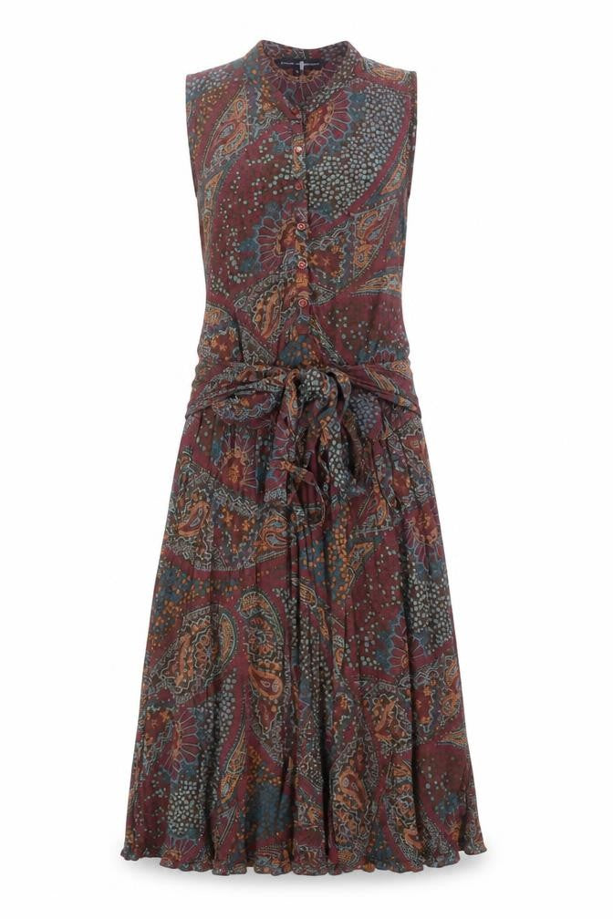 Front view of French Connection Women’s Multicoloured Paisley Sleeveless Belted Shirt Dress, size UK 6