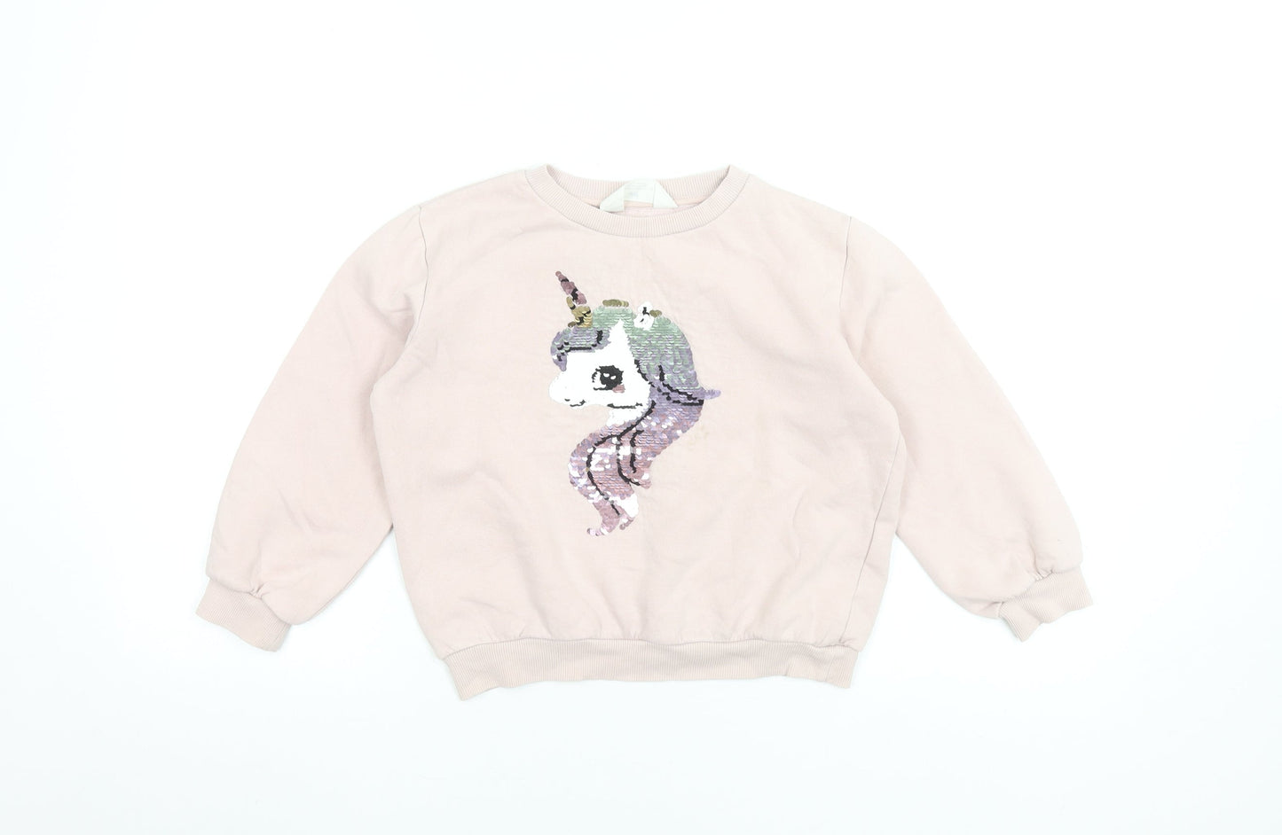 H&M Girls Pink Unicorn Sequin Pullover Sweatshirt 7-8 Years